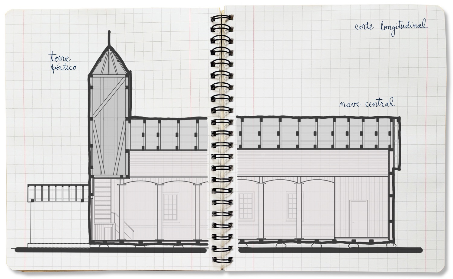 Dibujo del corte longitudinal de la iglesia de Caulín en un cuaderno cuadriculado