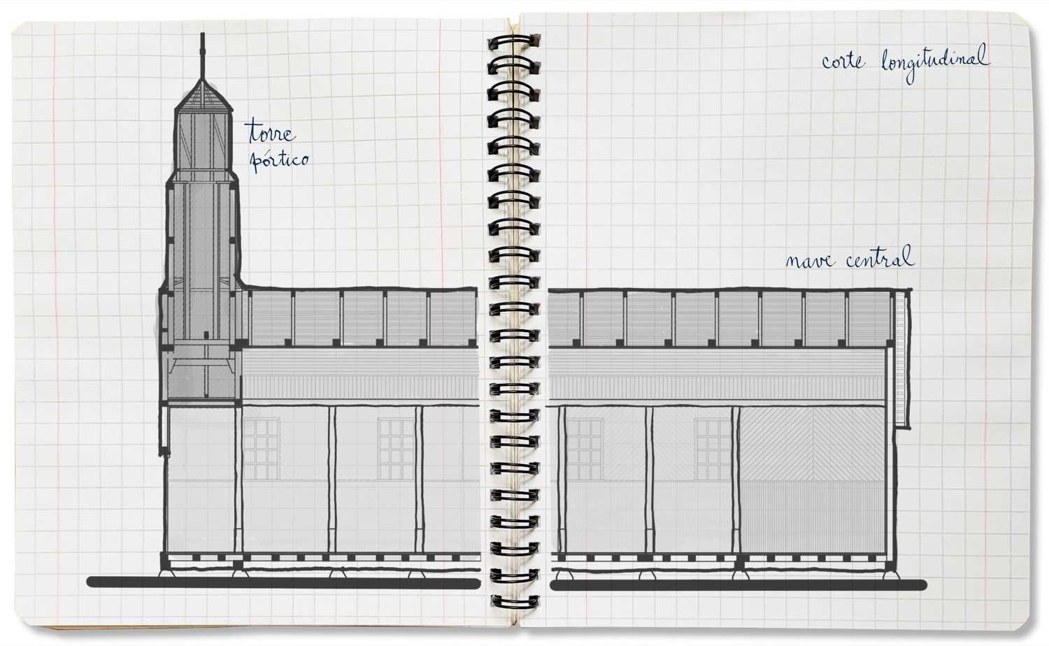 Dibujo del corte longitudinal de la iglesia de Chullec en un cuaderno cuadriculado