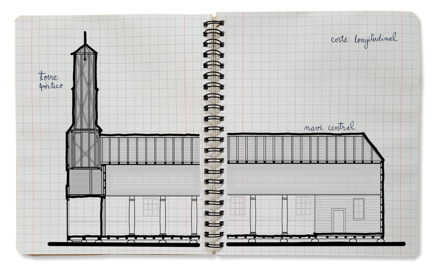 Dibujo de un edificio de iglesia en un cuaderno con hojas cuadriculadas, con etiquetas en español que señalan la torre portico, corte longitudinal …
