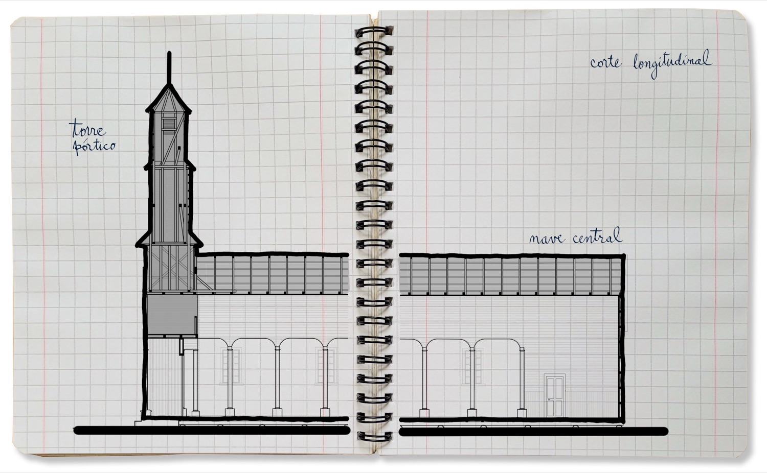 Dibujo del corte longitudinal de la iglesia de Lincay en un cuaderno cuadriculado