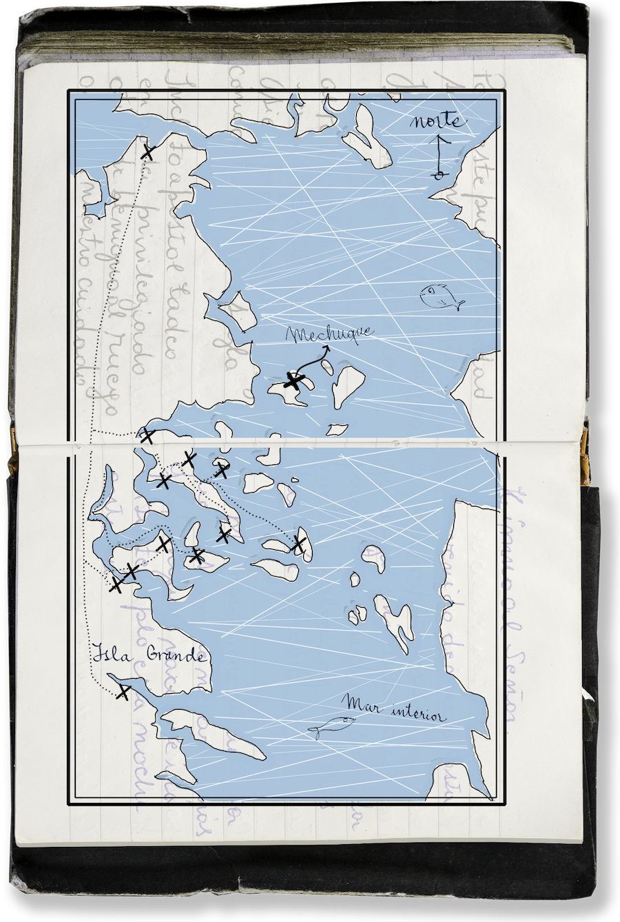 Bitácora de Mañungo con el mapa del archipiélago de Chiloé