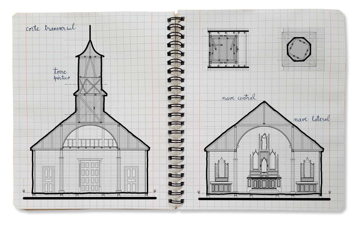 Dibujo de los cortes de la iglesia de Puchilco en un cuaderno cuadriculado