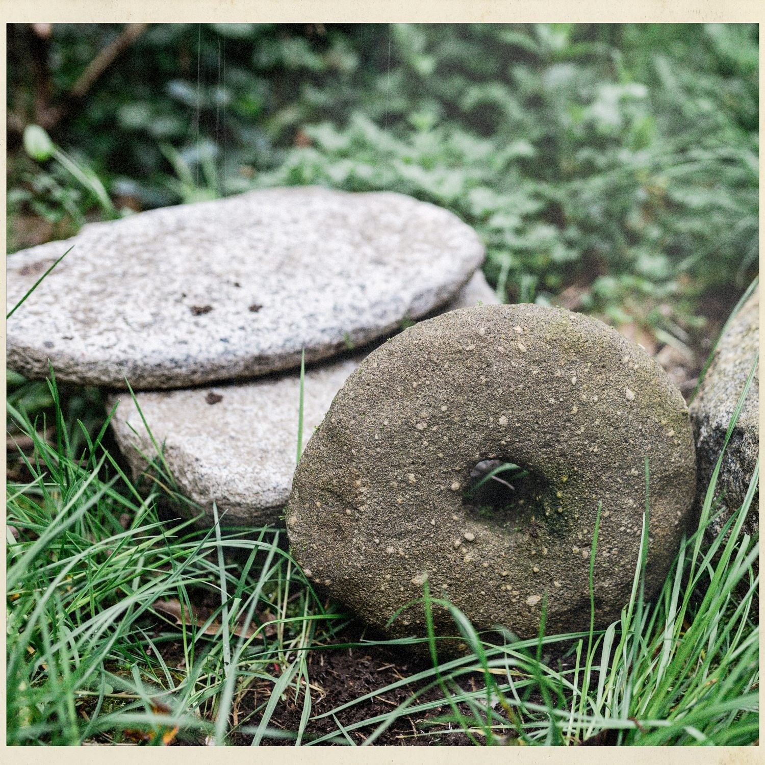 Piedras de molino antiguas sobre el pasto