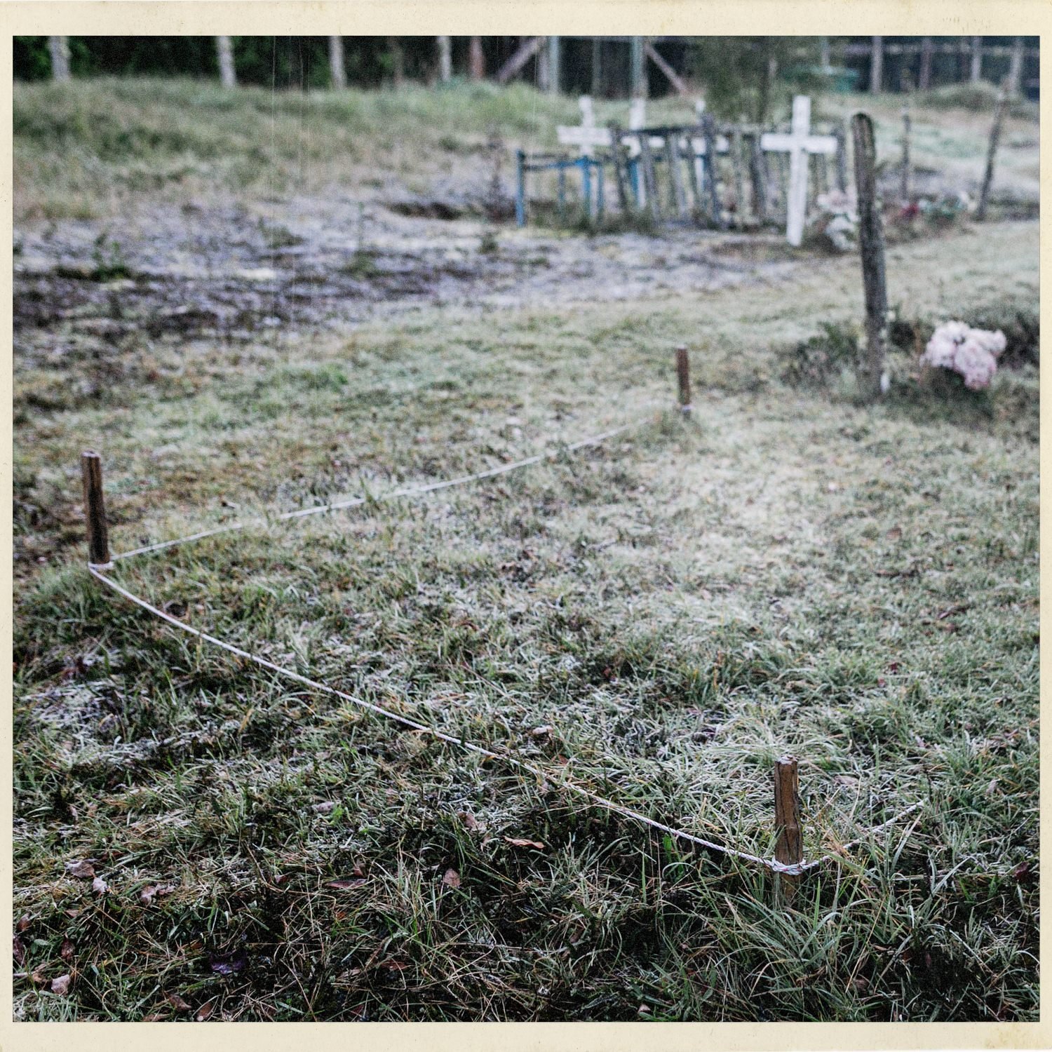 Cruces en el cementerio de Teupa, con el pasto escarchado