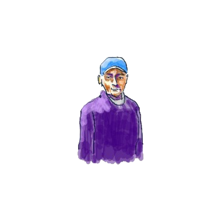 Dibujo de un hombre con gorra azul, camiseta gris y suéter púrpura, con expresión seria.
