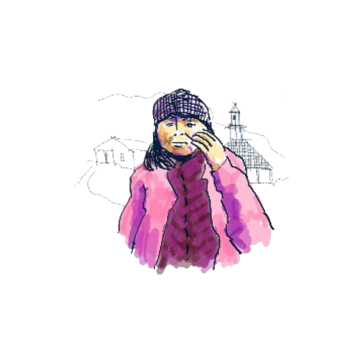Ilustración de una niña con abrigo rosa, gorro y bufanda, tocándose la cara, con un fondo de edificios y una iglesia.