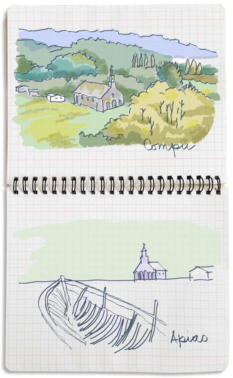 Dibujo de un paisaje rural con iglesia, árboles y colinas, marcado con la palabra "Compeu"; también se observa un barco de remos en el agua y una p…