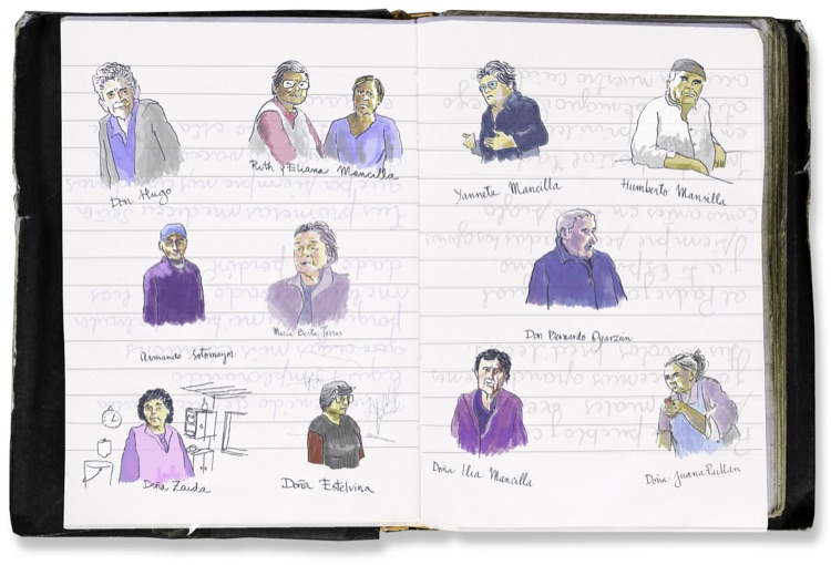 Dibujo de varias personas con sus nombres escritos debajo, en un cuaderno abierto. Incluye retratos de Don Hugo, Ruth y Eliana Mancilla, Yamete Man…