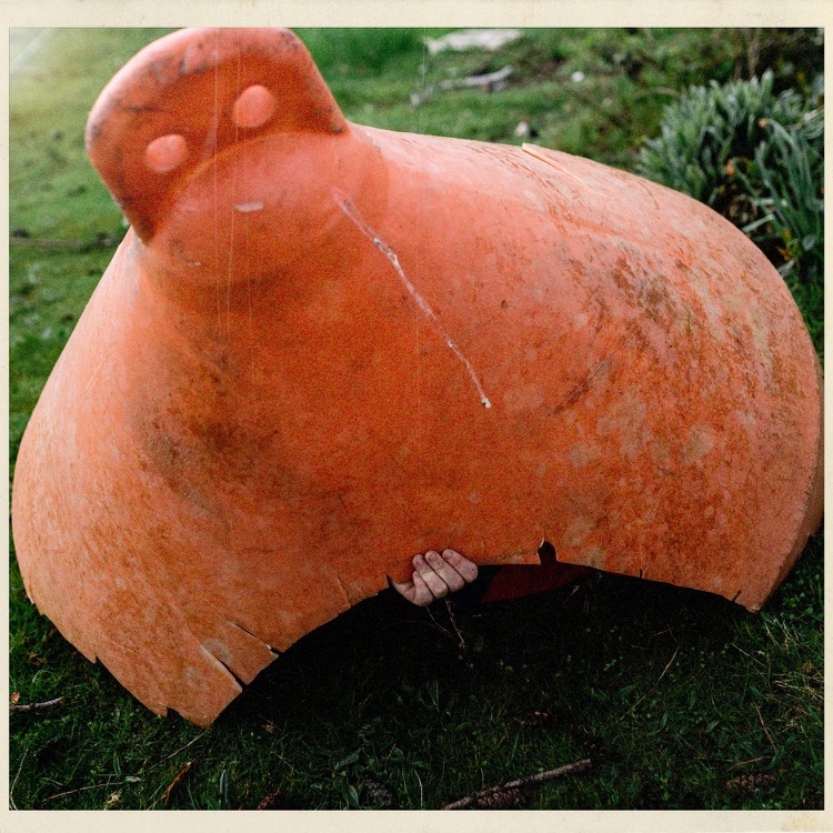 Escultura de una mariquita gigante de color naranja en un parque, con una mano humana visible debajo de la escultura.
