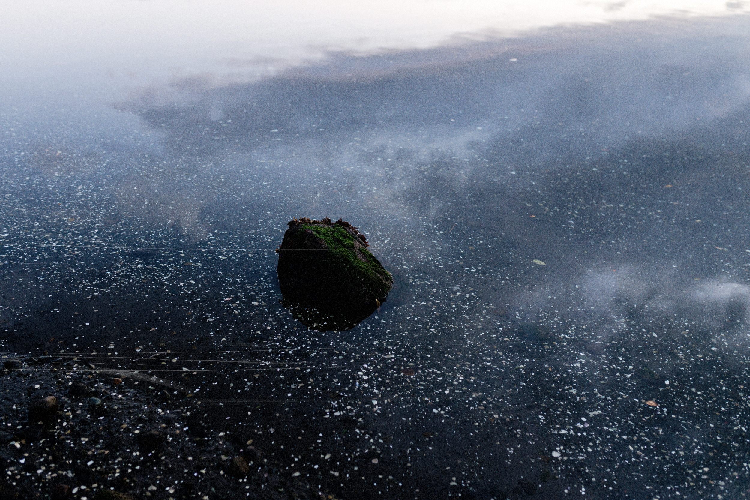 Una roca en el agua quieta del estero de Apiao, con niebla